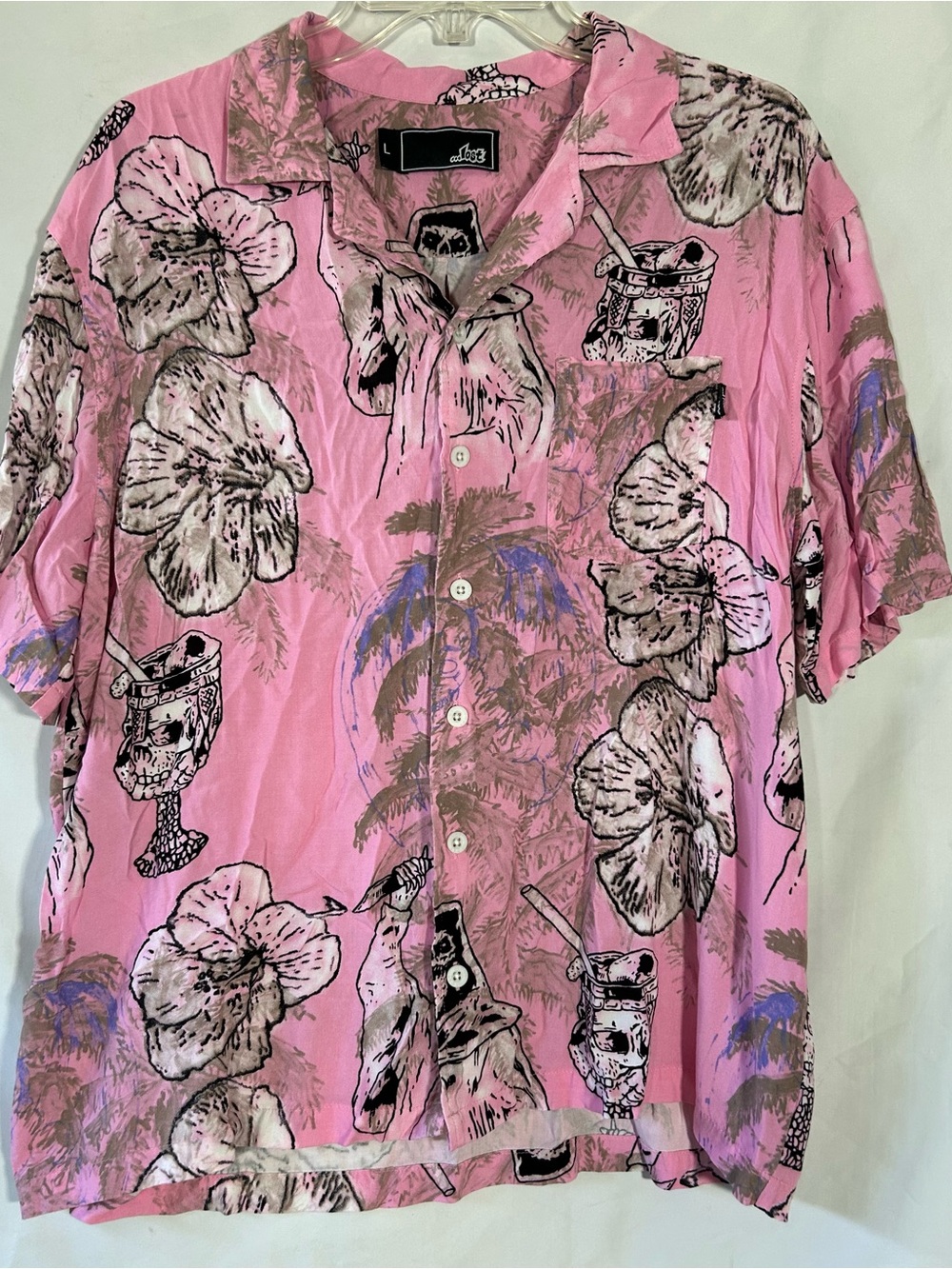 LOST ENTERPRISES HAWAIIAN SKULL DRINK GRIM REAPER GOLF FLORAL BUTTON UP MENS L